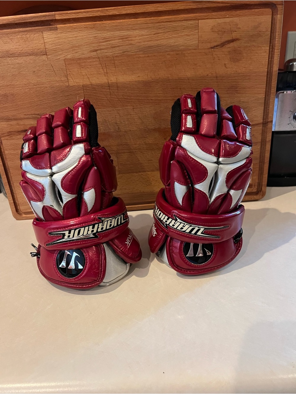 Vintage Warrior Superfreak lacrosse gloves- Burgundy & Silver